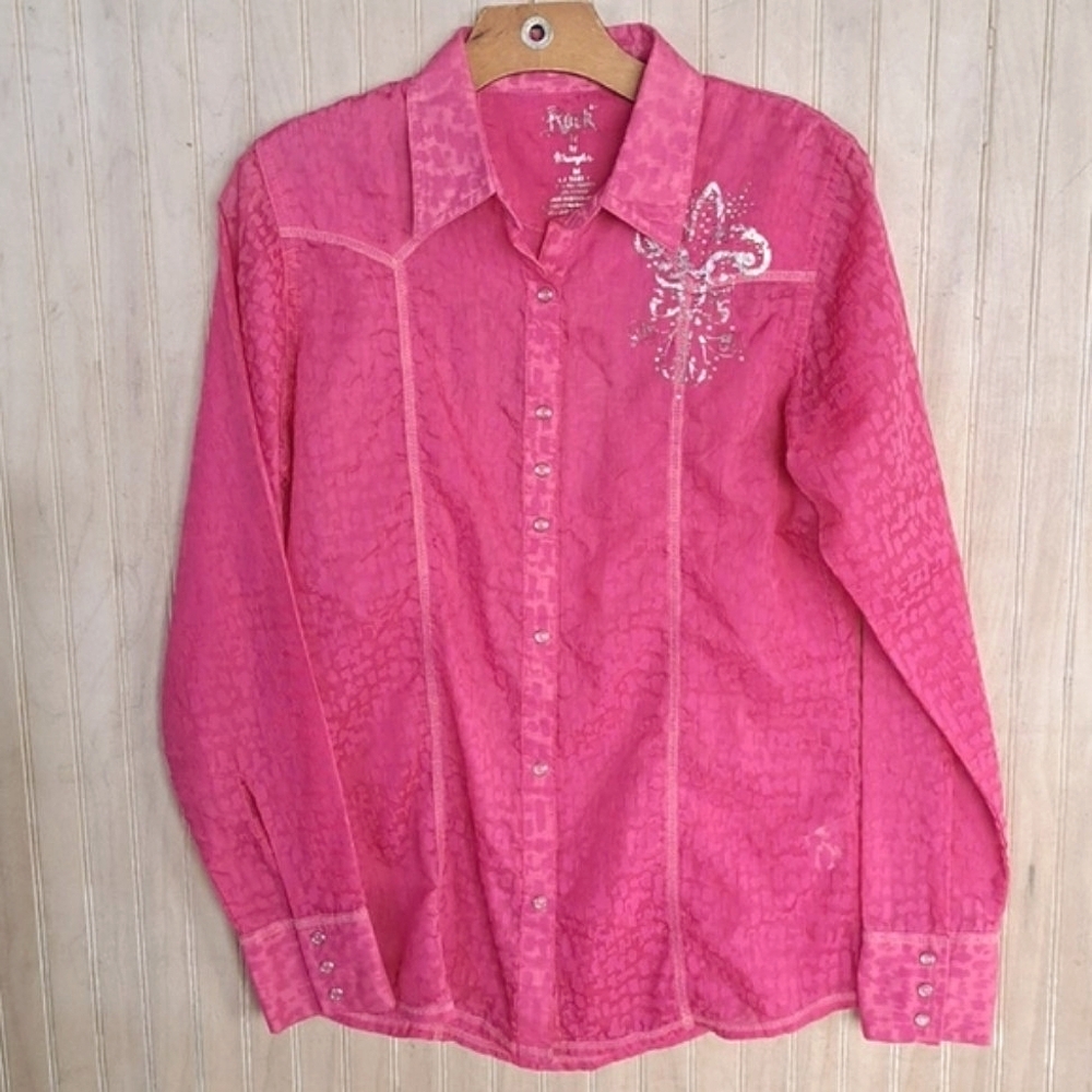 Rock 47 by Wrangler Pink Fushia Western Snap Shirt Longsleeve Sheer Fleur-de-Lis
